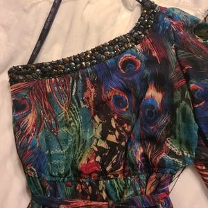 Bisou Bisou Peacock one shoulder dress
